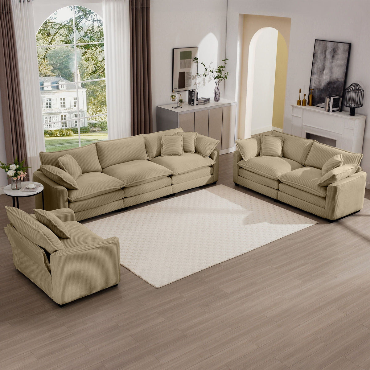 Elegant beige 3-piece oversized sectional sofa set by HouseOfZazla with deep seats on Tampa Home & Garden Store