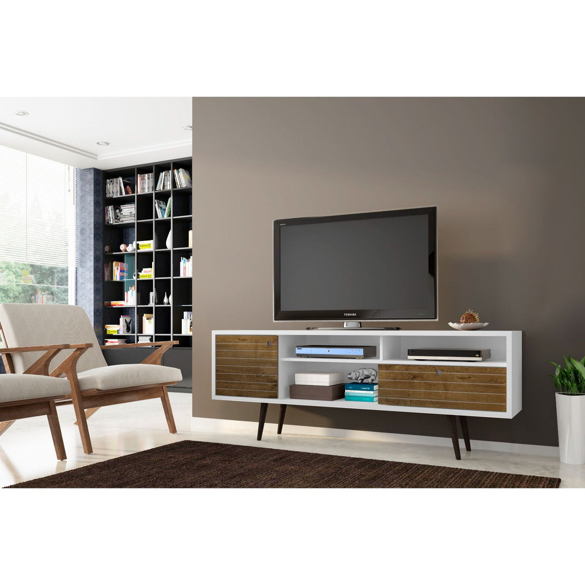 TV stand with storage and wire management in white frame with wood drawers on Tampa Home & Garden Store