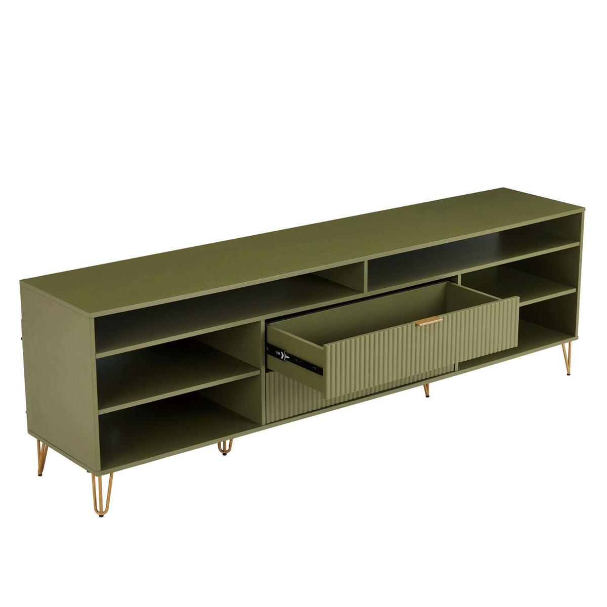 Fluted TV Stand with Storage, olive green finish, gold metal legs, multiple shelves on Tampa Home & Garden Store