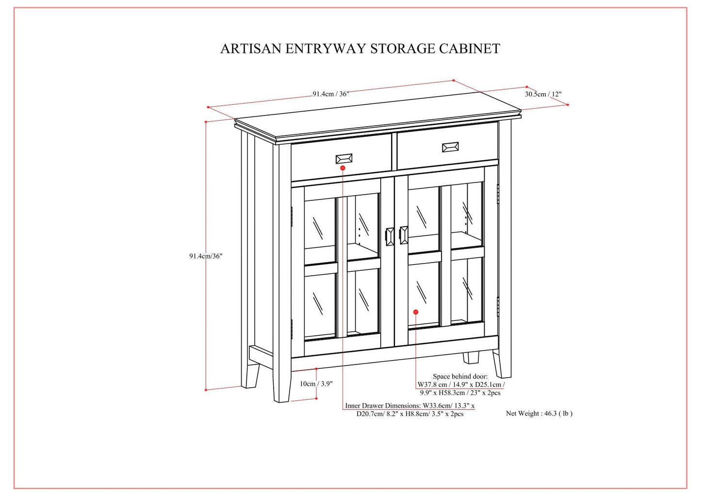 Artisan entryway storage cabinet russet brown by HouseOfZazla with two drawers and glass doors on Tampa Home & Garden Store