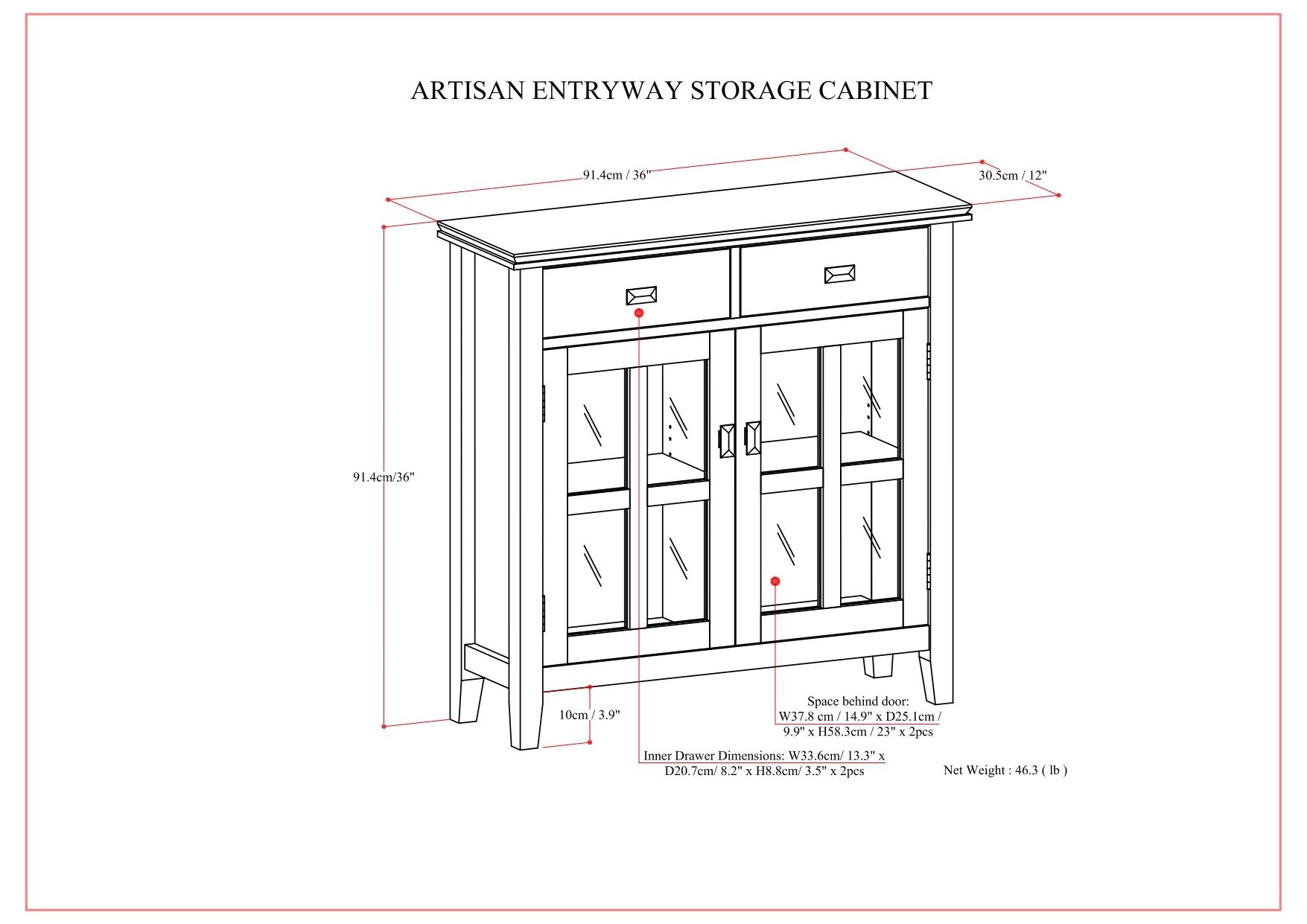 Artisan entryway storage cabinet russet brown by HouseOfZazla with two drawers and glass doors on Tampa Home & Garden Store