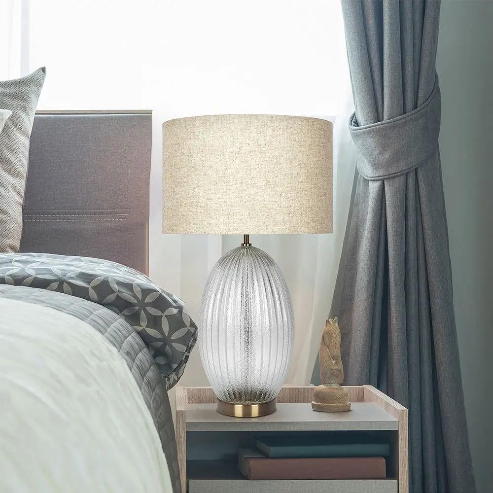 Aurora ribbed clear glass table lamp with linen shade and brass base by Unique Piece Furniture on Tampa Home & Garden Store