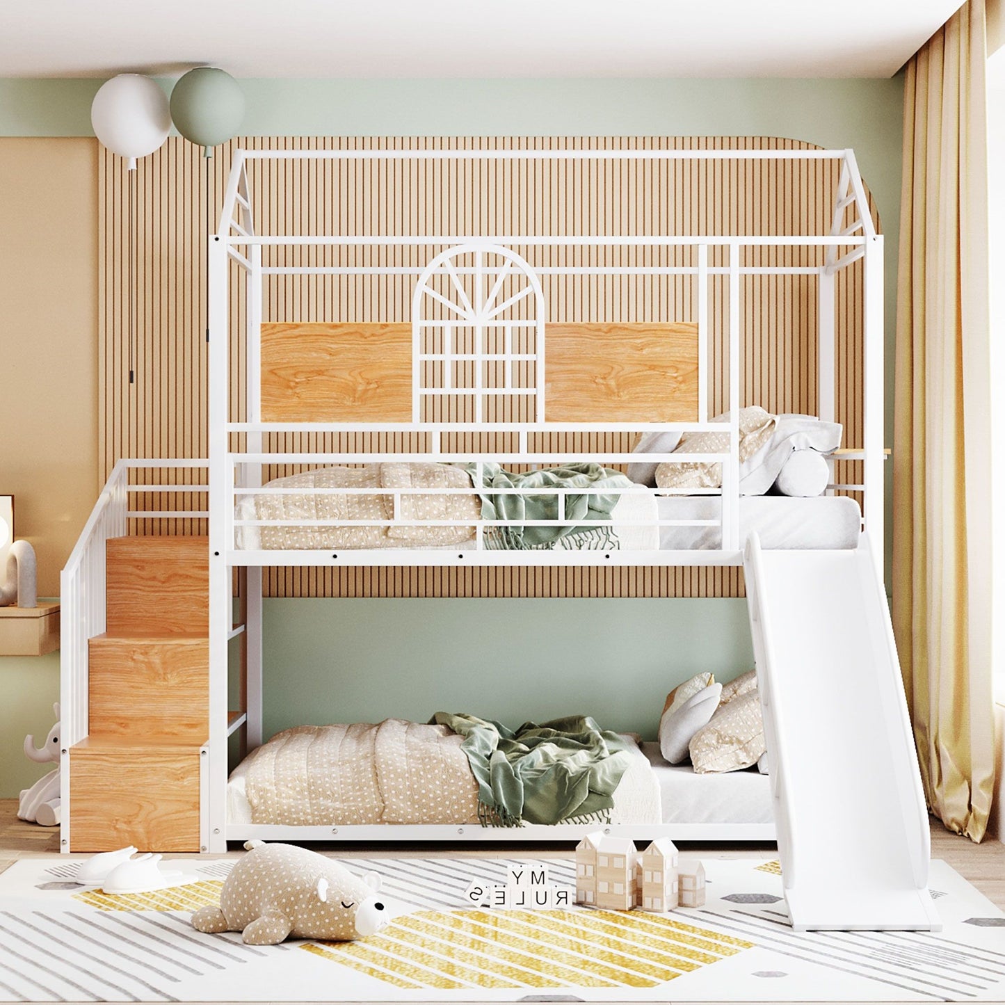 Metal House Bunk Bed With Slide and Storage