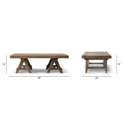 Trestle coffee table by HouseOfZazla in reclaimed elm brown, 48in long, 24in end table on Tampa Home & Garden Store