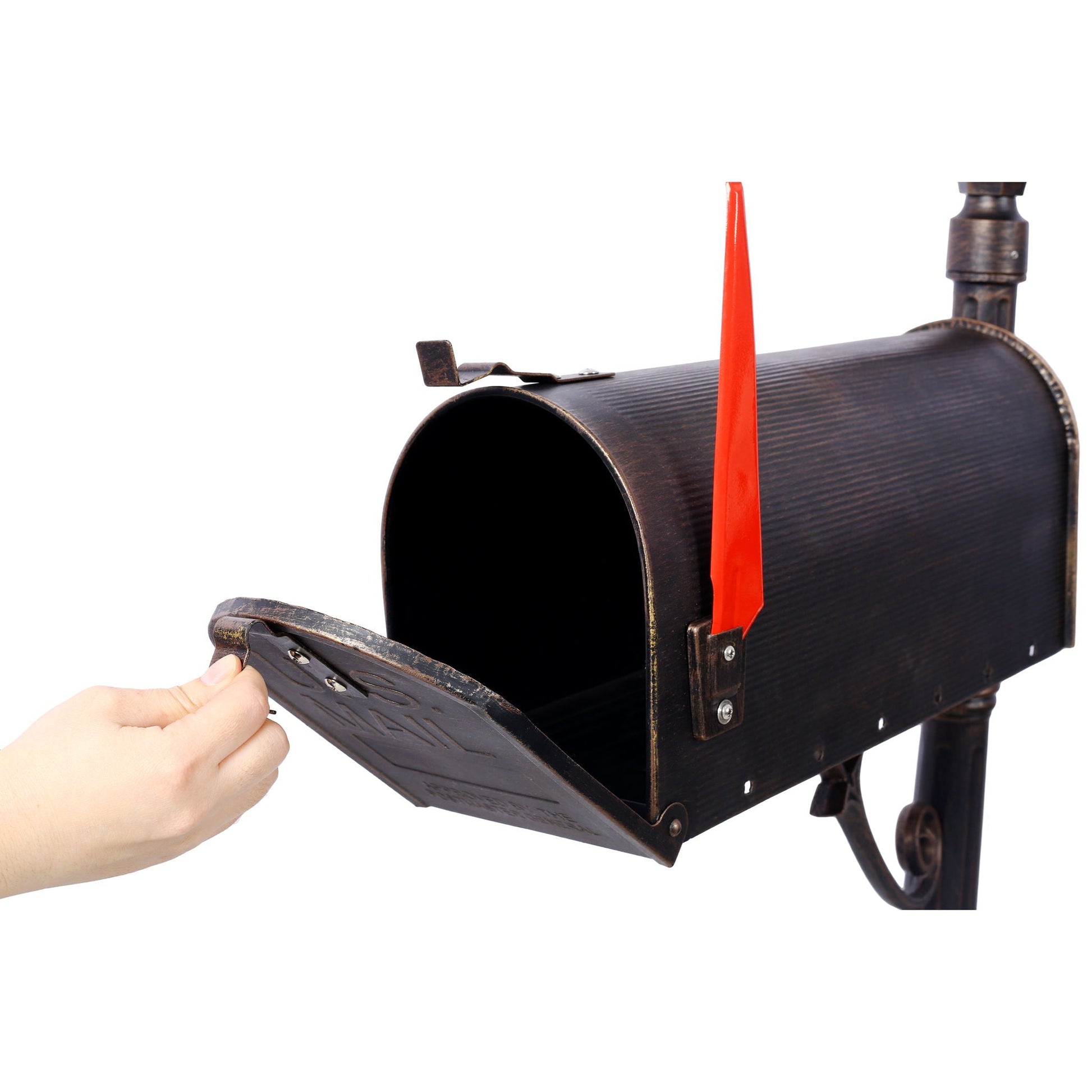 Stratford heavy duty cast aluminum mailbox with post, brown finish, red flag visible on Tampa Home & Garden Store