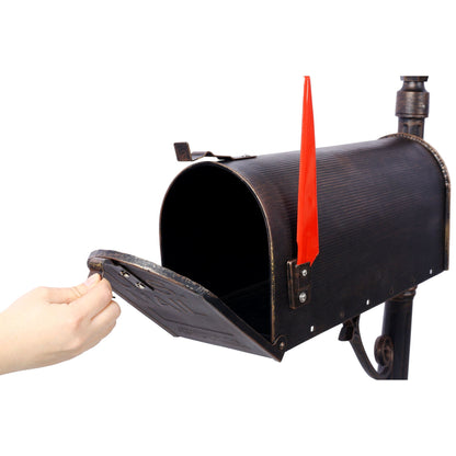 Stratford heavy duty cast aluminum mailbox with post, brown finish, red flag visible on Tampa Home & Garden Store