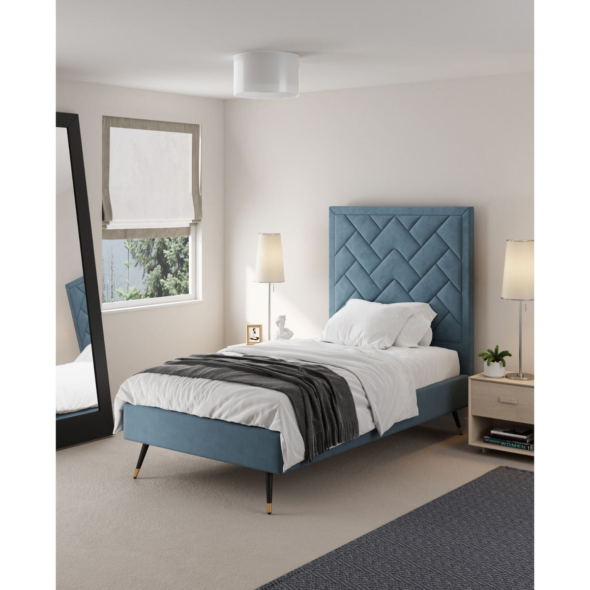 Crosby upholstered bed with blue tufted headboard and slats by HouseOfZazla in a bedroom on Tampa Home & Garden Store