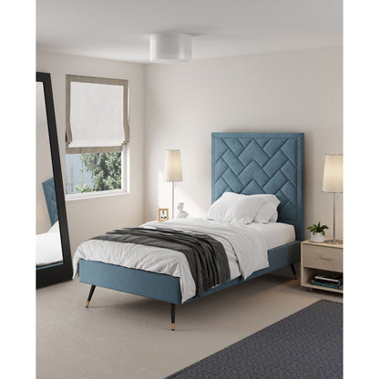 Crosby upholstered bed with blue tufted headboard and slats by HouseOfZazla in a bedroom on Tampa Home & Garden Store