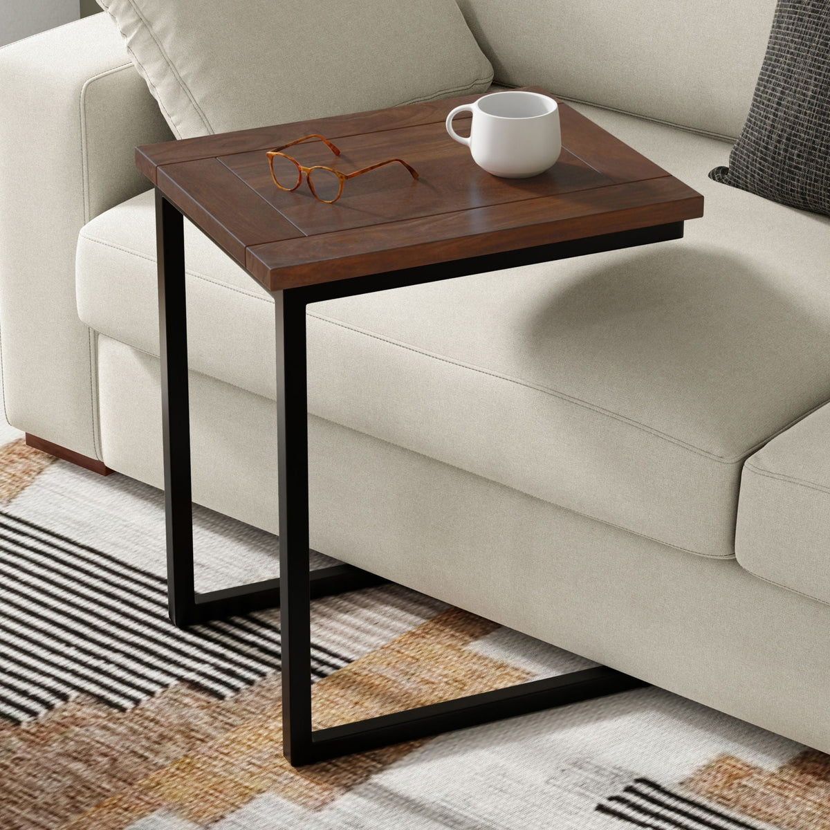 Walnut Brown C-Side Table with Industrial Black Metal Base; walnut wood top, black metal legs on Tampa Home & Garden Store