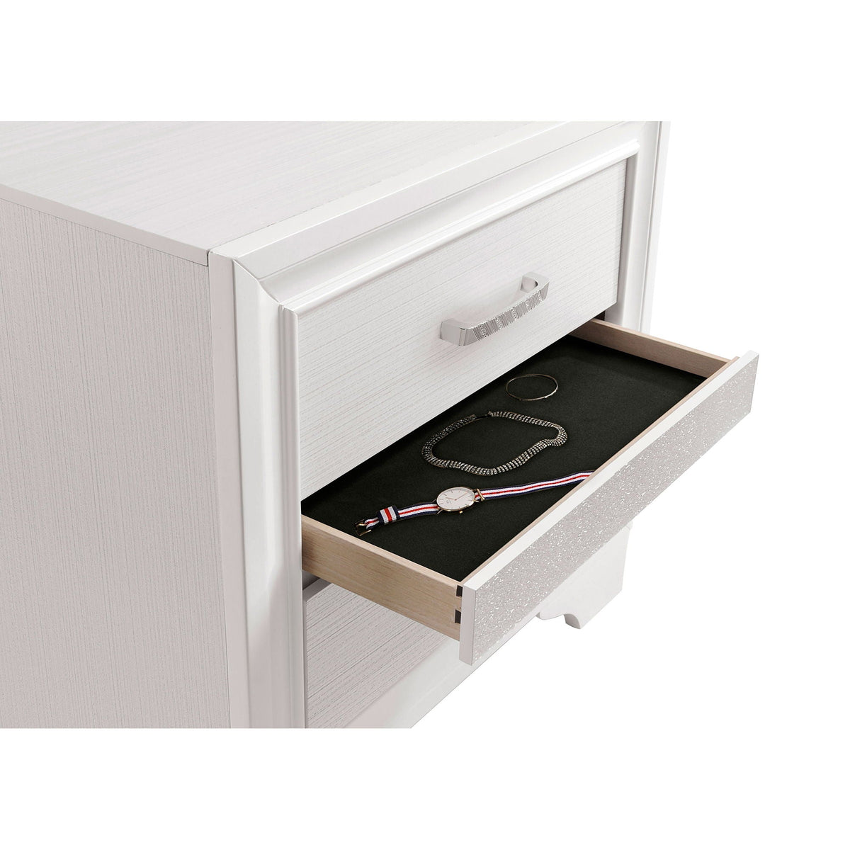Annie 4-Piece Bedroom Set dresser in whitewashed wood with silver handles; drawer shows watches on Tampa Home & Garden Store