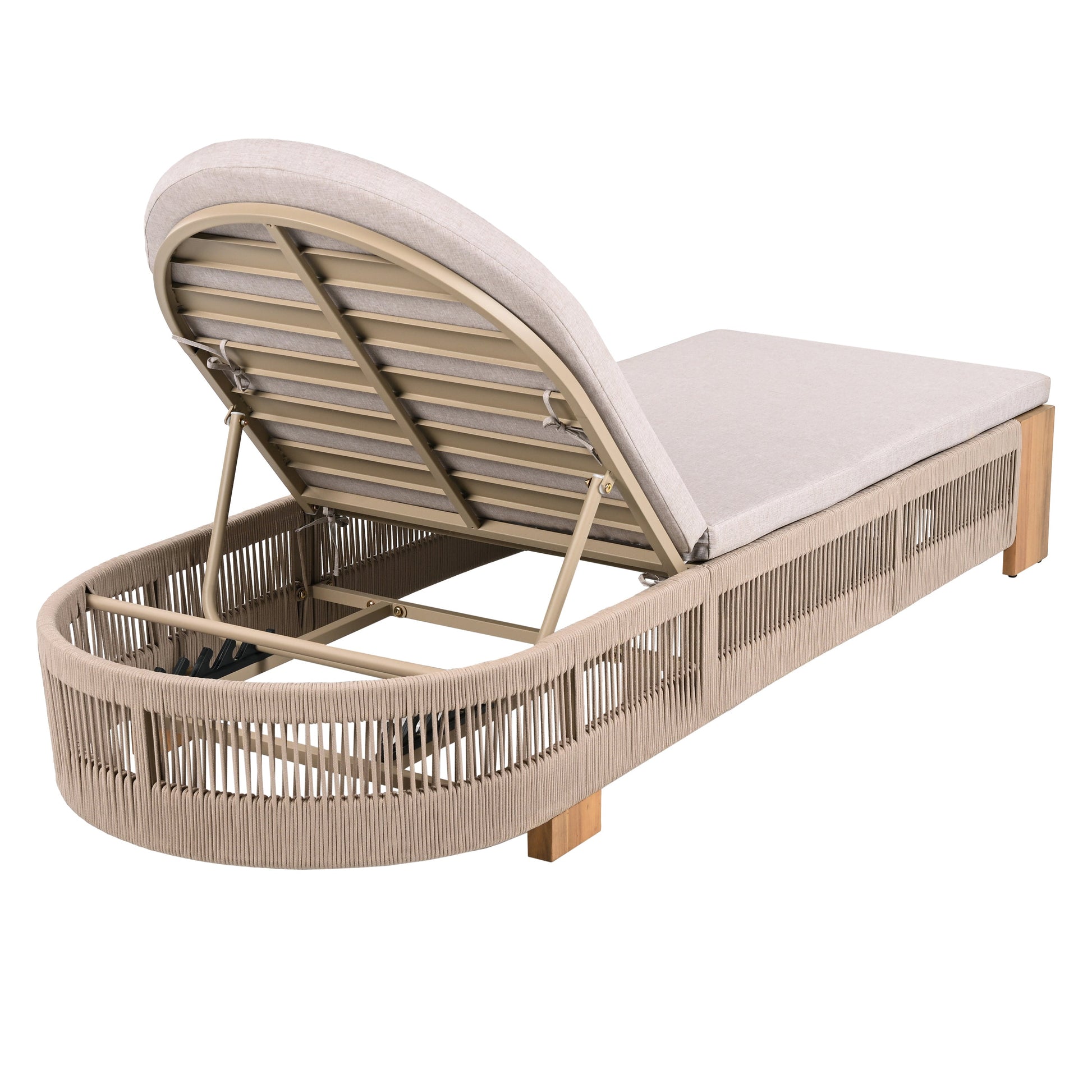 Outdoor chaise lounge chair in acacia wood with beige cushion and adjustable backrest on Tampa Home & Garden Store