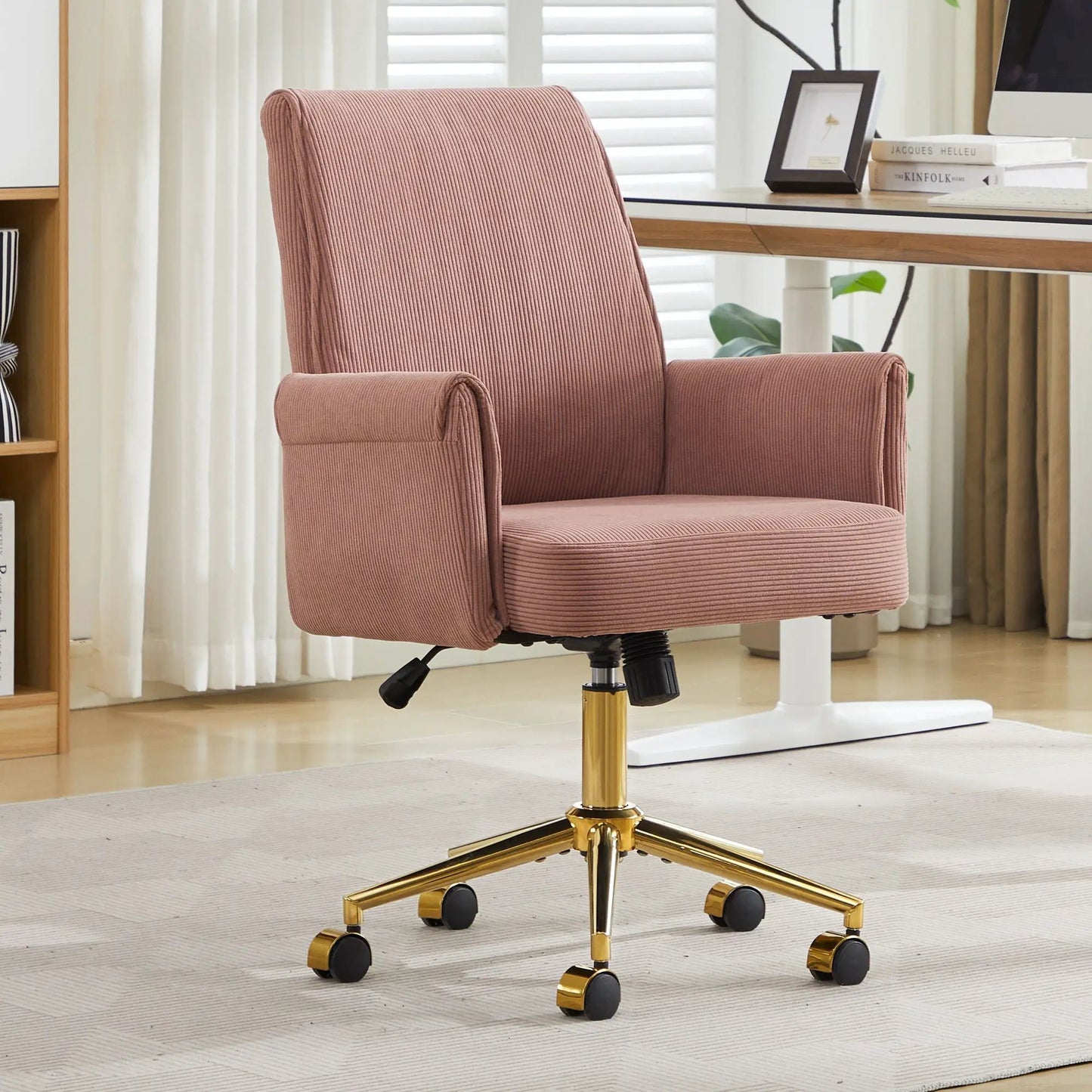 Ergonomic mid-back swivel chair in pink corduroy upholstery with gold base on Tampa Home & Garden Store