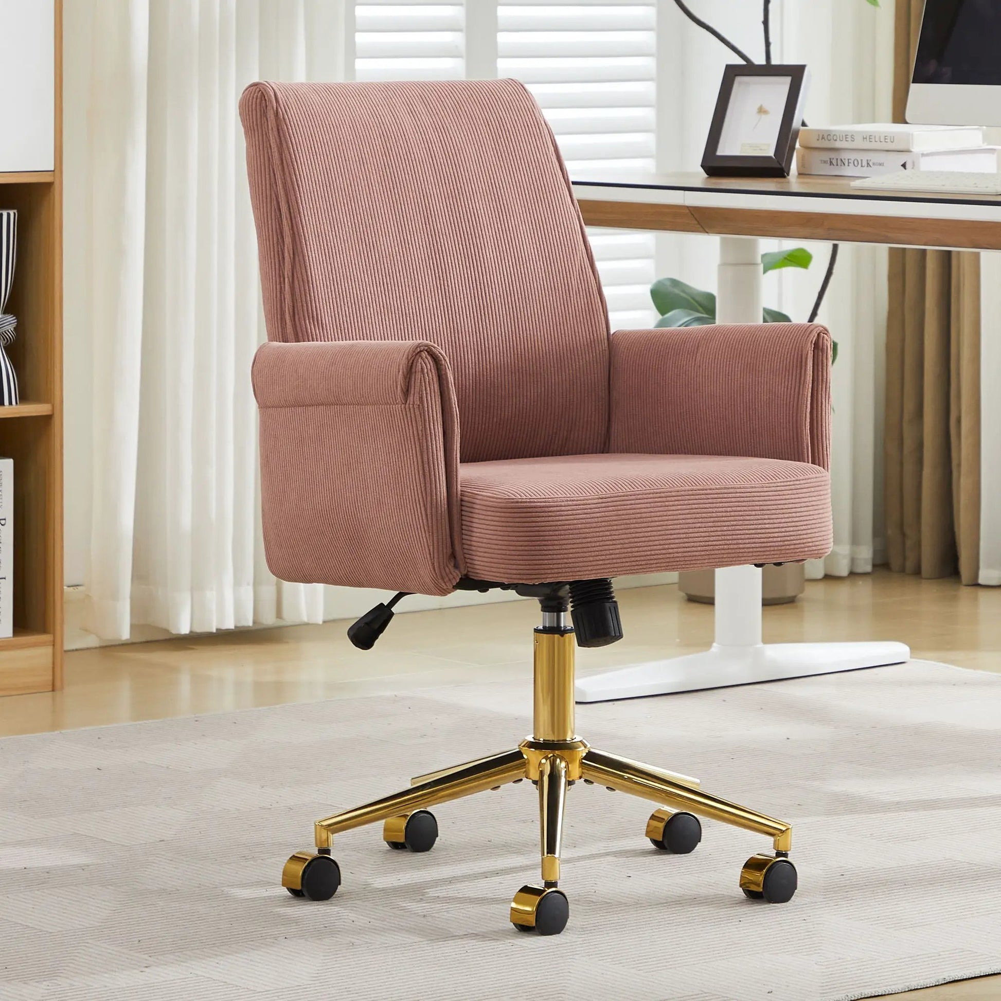 Ergonomic mid-back swivel chair in pink corduroy upholstery with gold base on Tampa Home & Garden Store