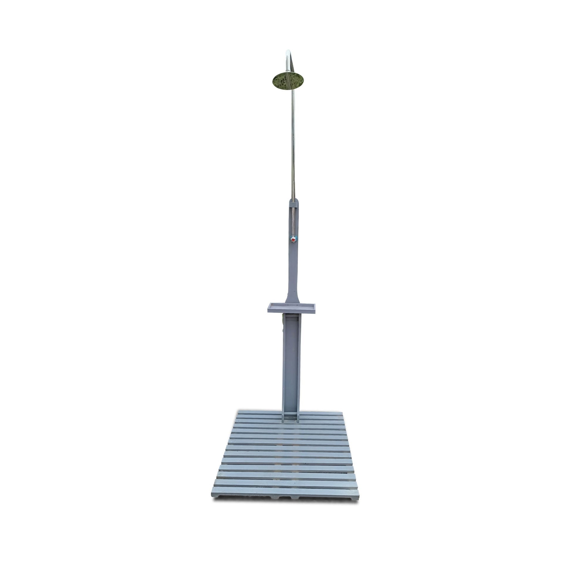 Outdoor garden shower on tall gray steel pole with round head and slatted base on Tampa Home & Garden Store