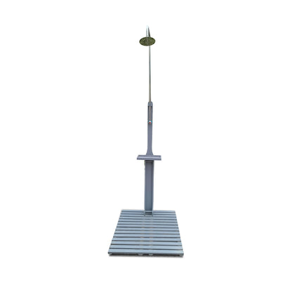 Outdoor garden shower on tall gray steel pole with round head and slatted base on Tampa Home & Garden Store