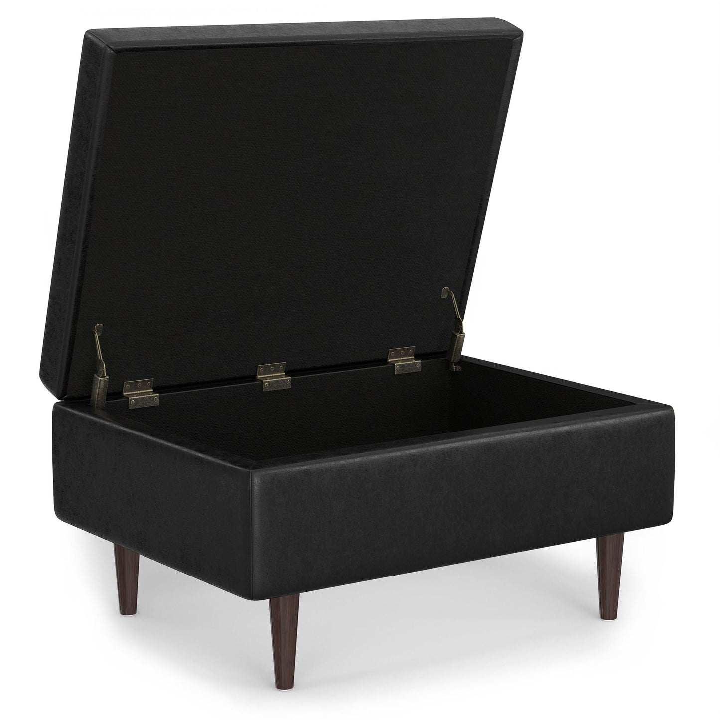 Shay large square storage ottoman in black faux leather with mid-century legs opens to storage on Tampa Home & Garden Store