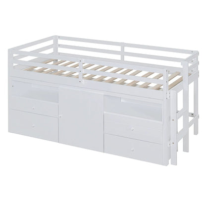 Loft Bed with Drawers and Shelves under Cabinet