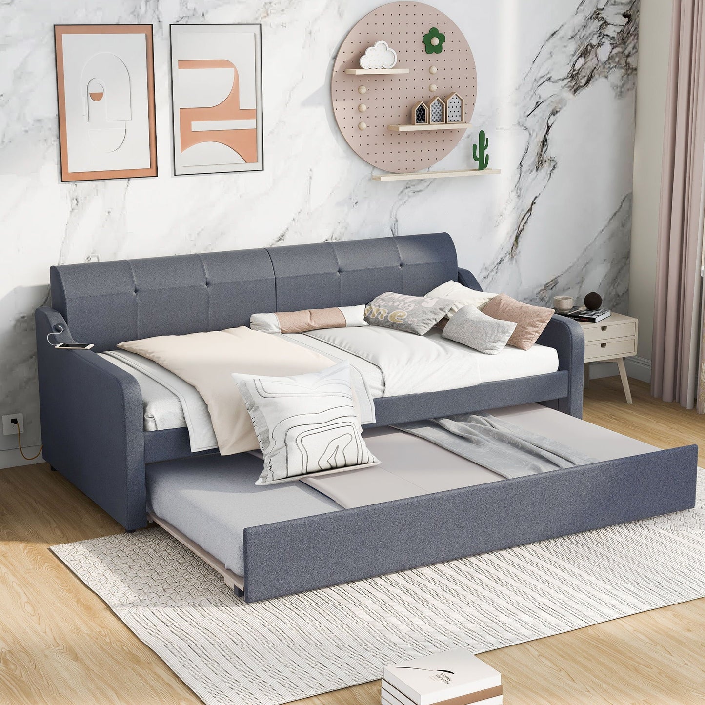 Upholstered Daybed With Trundle And USB Charging by HouseOfZazla blue-gray fabric on Tampa Home & Garden Store