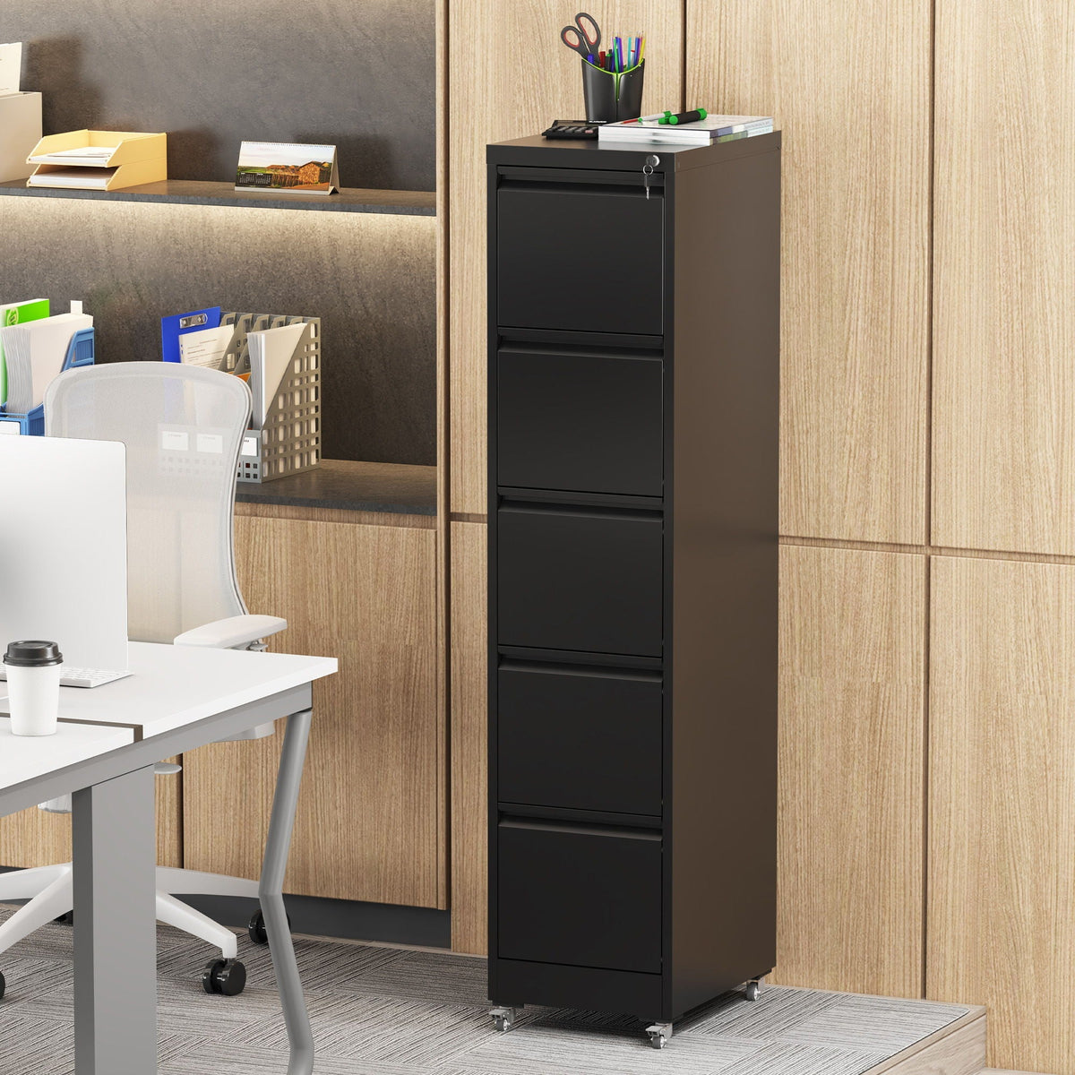 Black metal vertical file cabinet with locking drawers and caster wheels on Tampa Home & Garden Store