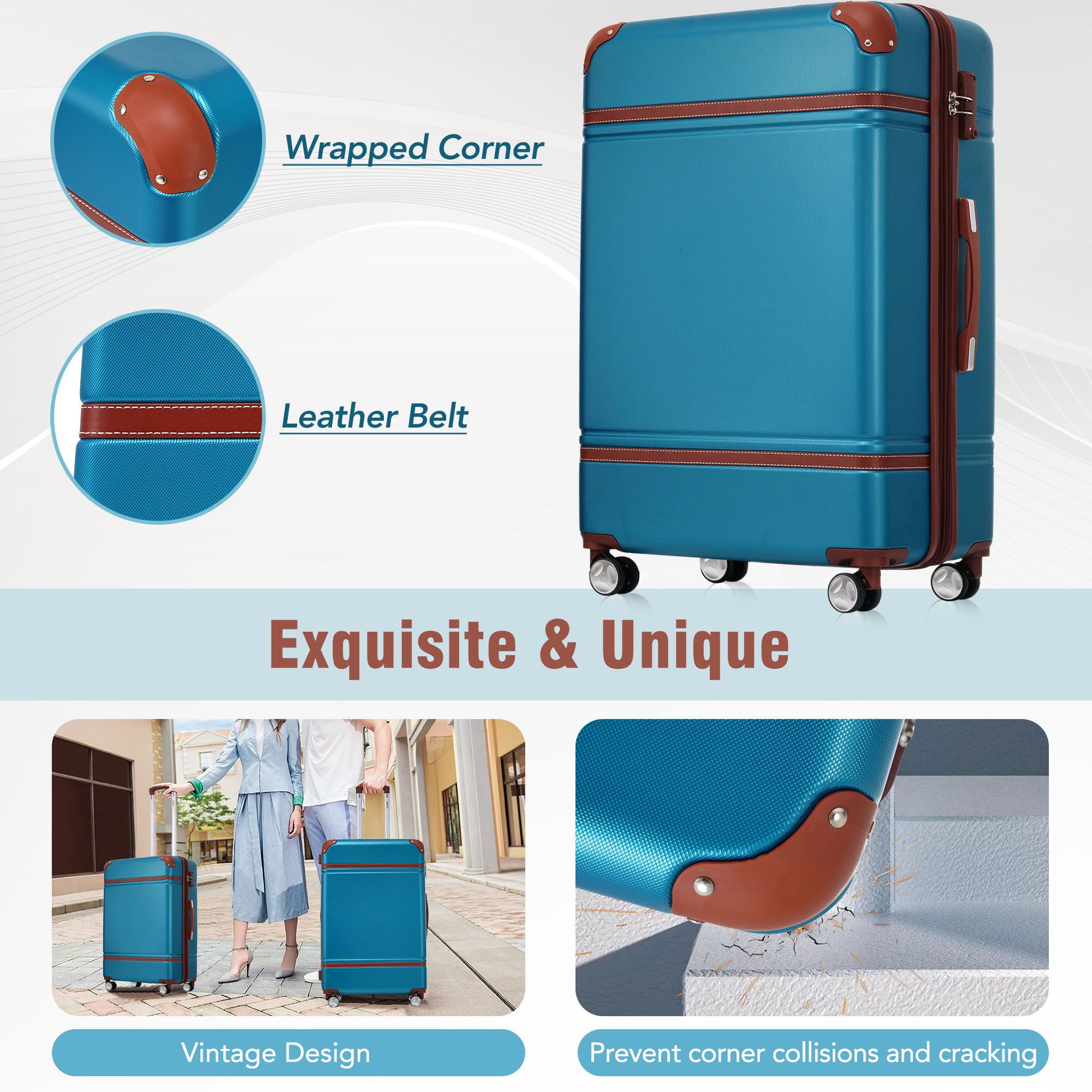 HouseOfZazla 3-piece hardshell luggage set with 20- and 24-inch suitcases and a cosmetic case, teal blue with brown leather trim, spinner wheels, TSA lock on Tampa Home & Garden Store