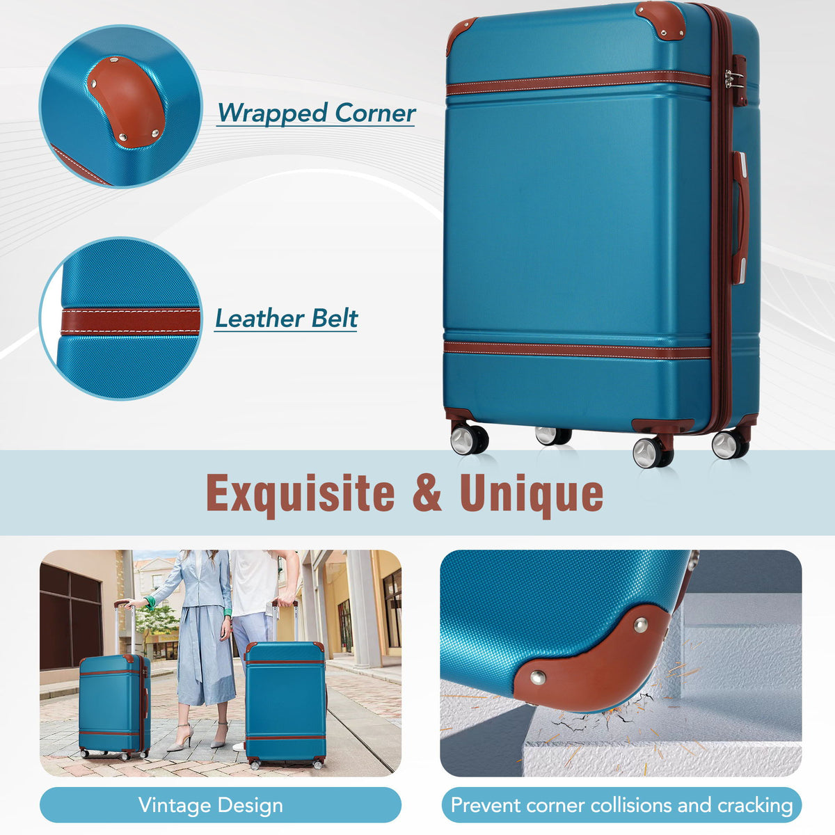 HouseOfZazla 3-piece blue hard-shell luggage set with leather belt trim and spinner wheels on Tampa Home & Garden Store