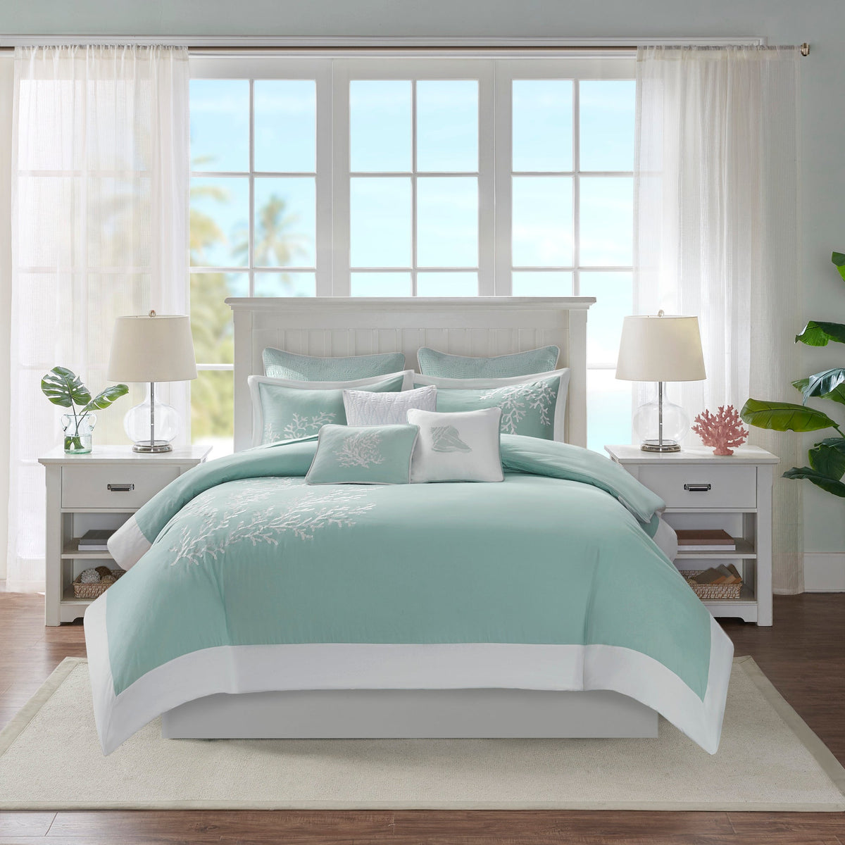 Aqua Duvet Cover Mini Set with White Coral Embroidery, King/Cal King, aqua bedding on Tampa Home & Garden Store