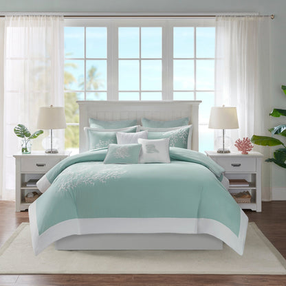 Aqua Duvet Cover Mini Set with White Coral Embroidery, King/Cal King, aqua bedding on Tampa Home & Garden Store