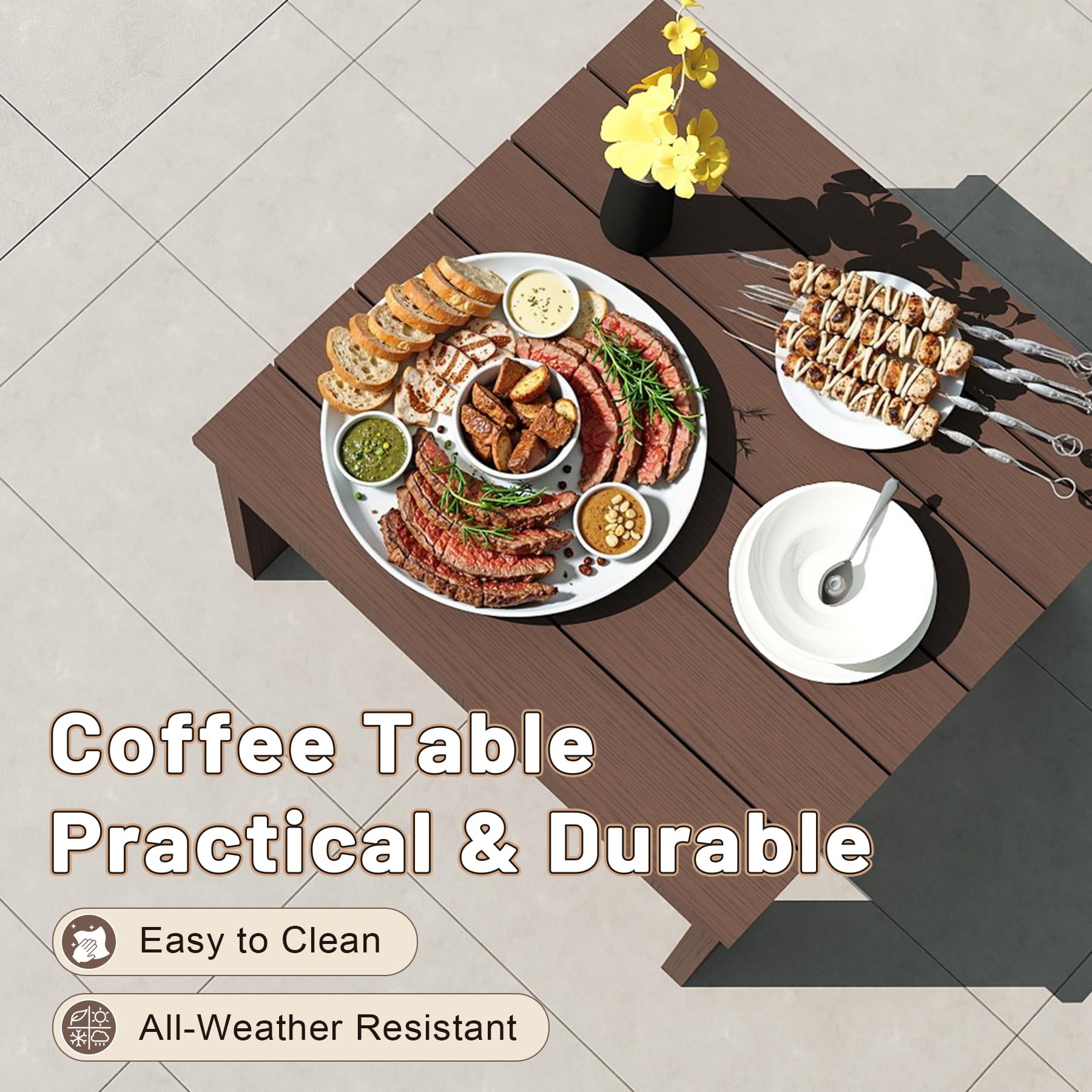 Outdoor coffee table with meat and bread platter, sauces, skewers, and a flower vase on wood on Tampa Home & Garden Store