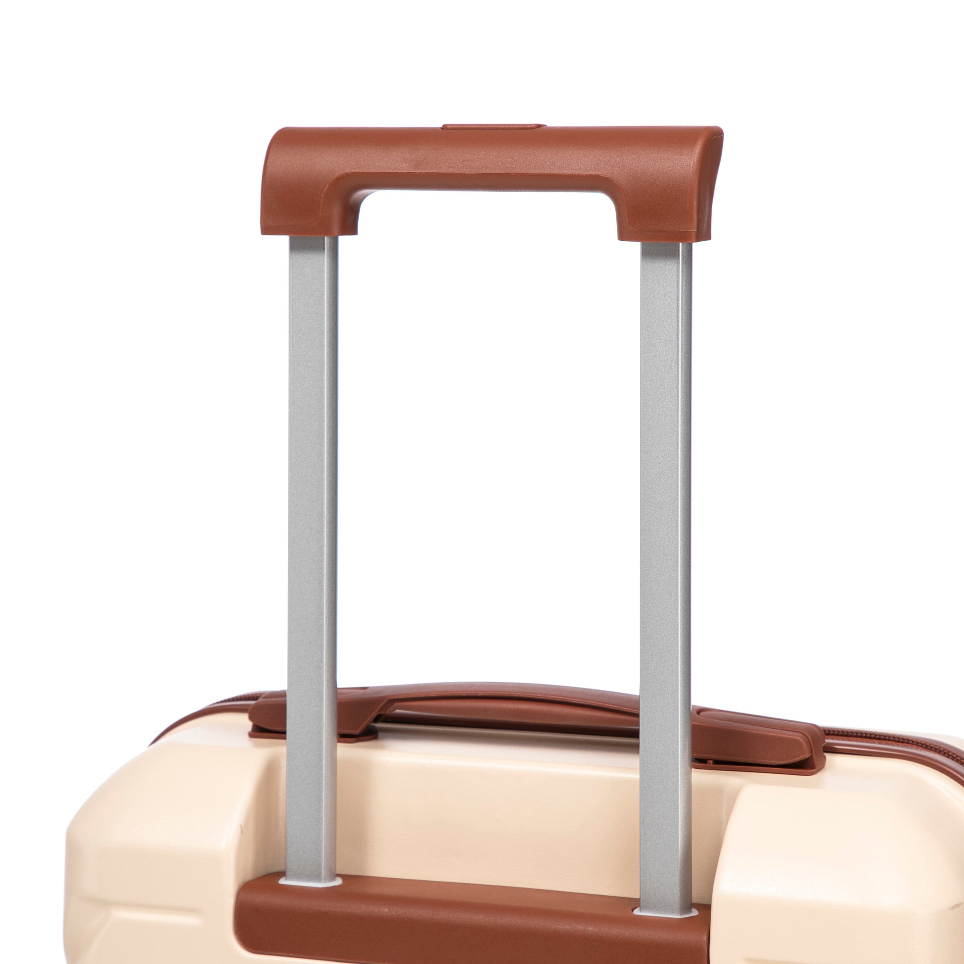 Beige ABS spinner luggage set with brown trim and silver telescoping handles on Tampa Home & Garden Store