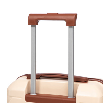 Beige ABS spinner luggage set with brown trim and silver telescoping handles on Tampa Home & Garden Store