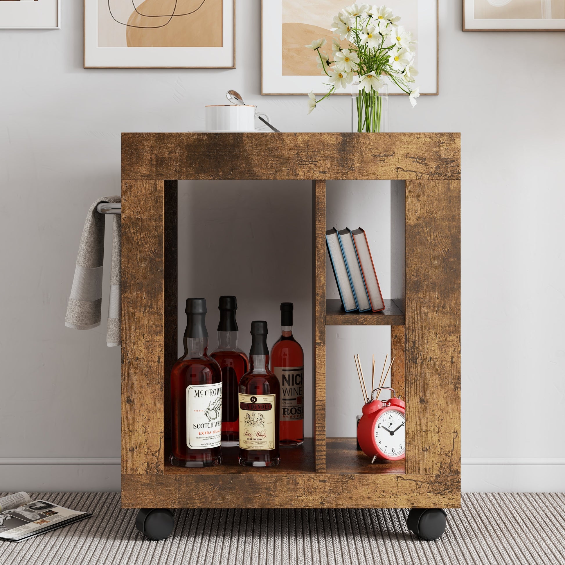 Movable mid-century side cabinet in distressed wood with liquor bottles and books on Tampa Home & Garden Store
