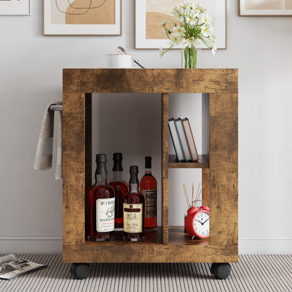 Movable mid-century side cabinet in distressed wood with liquor bottles and books on Tampa Home & Garden Store