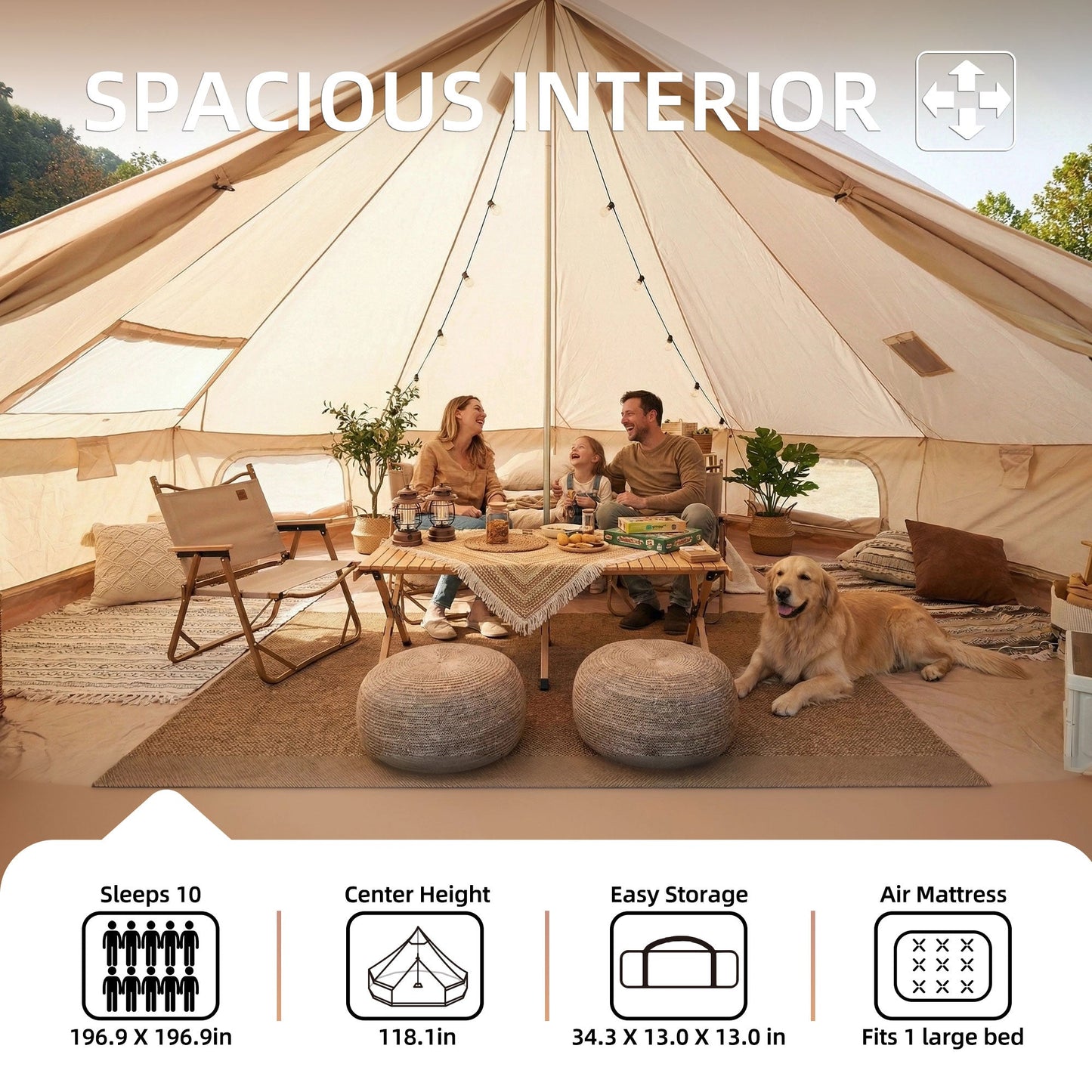 Bell Tent 4 Season 16.4ft interior by HouseOfZazla with seating, string lights, plants on Tampa Home & Garden Store