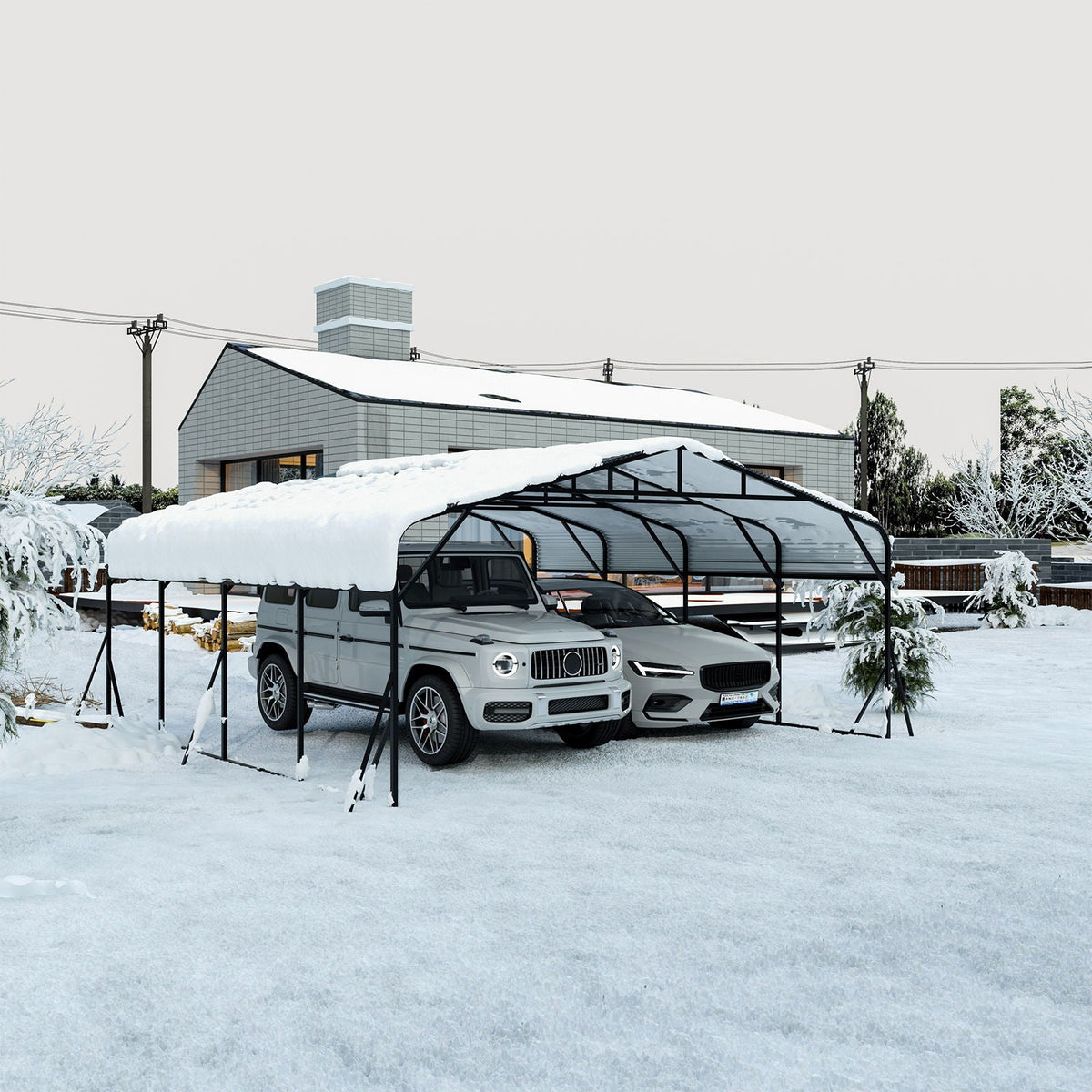 Heavy Duty Carport All Weather Shelter in black metal frame covering two snow-covered vehicles on Tampa Home & Garden Store