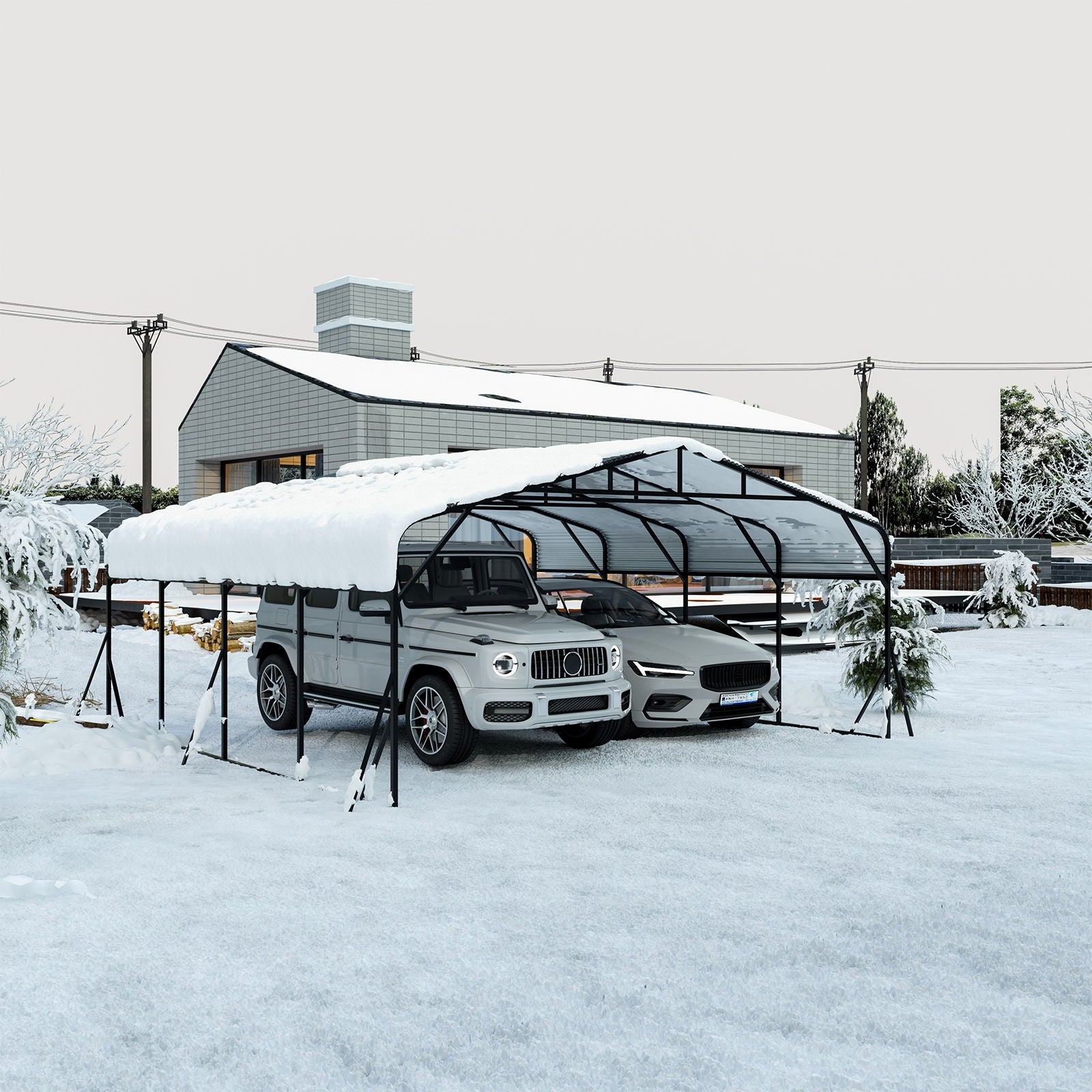 Heavy Duty Carport All Weather Shelter in black metal frame covering two snow-covered vehicles on Tampa Home & Garden Store