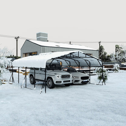 Heavy Duty Carport All Weather Shelter in black metal frame covering two snow-covered vehicles on Tampa Home & Garden Store