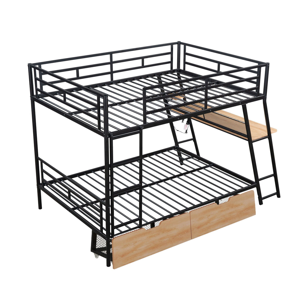 Full Size Bunk Bed With Built In Desk in black metal with wood desk surface and two drawers on Tampa Home & Garden Store