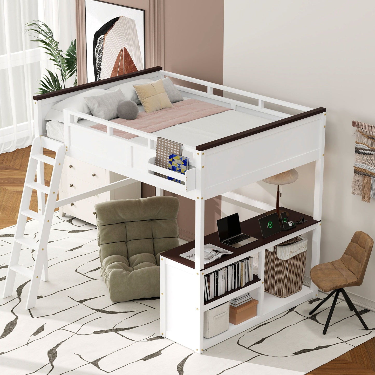Queen Size Loft Bed with Desk in white, shelf, storage box, USB charging by HouseOfZazla on Tampa Home & Garden Store