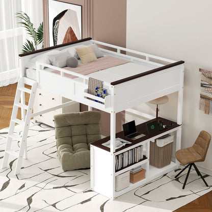Queen Size Loft Bed with Desk in white, shelf, storage box, USB charging by HouseOfZazla on Tampa Home & Garden Store