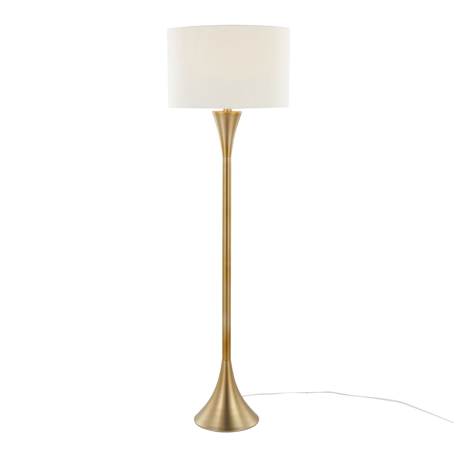 Lenuxe Contemporary Floor Lamp by HouseOfZazla with a brass cone base and cream fabric shade on Tampa Home & Garden Store