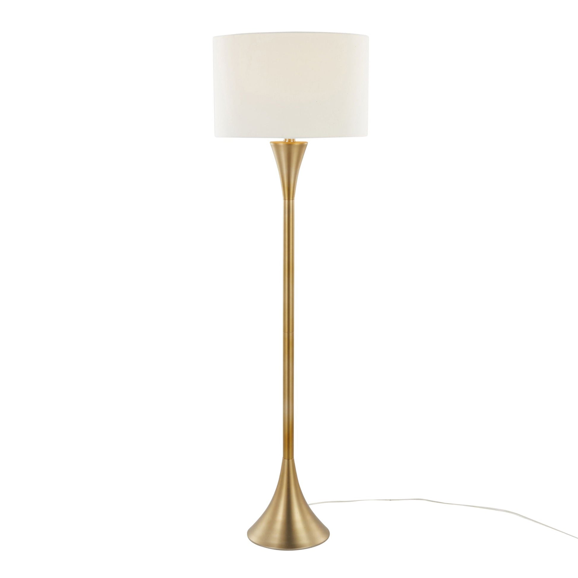 Lenuxe Contemporary Floor Lamp by HouseOfZazla with a brass cone base and cream fabric shade on Tampa Home & Garden Store