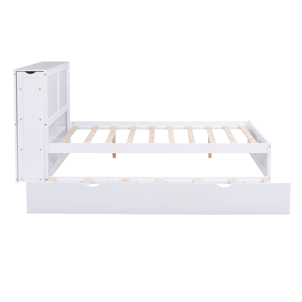 Storage platform bed with pull-out shelves and trundle in white wood frame on Tampa Home & Garden Store
