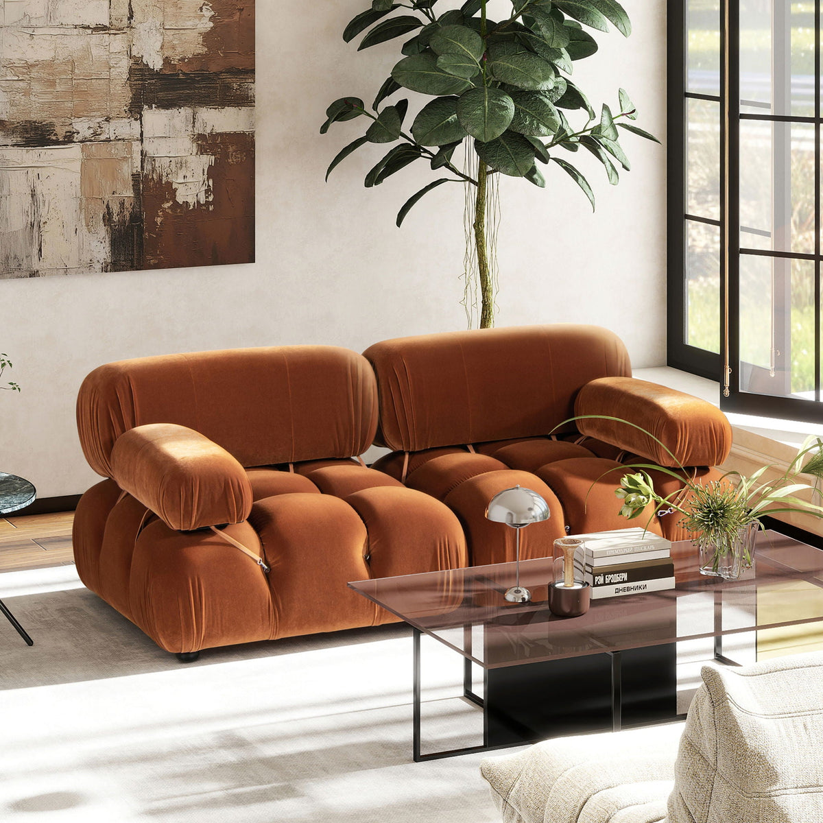 Bubble modular lounge arm chair with eucalyptus frame in orange upholstery, clustered seating on Tampa Home & Garden Store