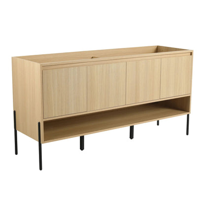 Freestanding bathroom vanity with soft-close doors, light oak finish with black metal legs on Tampa Home & Garden Store