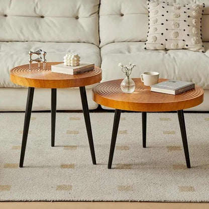 Pair of wood growth-ring coffee tables with round-top and black legs by FLIPSTYLEZLLC on Tampa Home & Garden Store