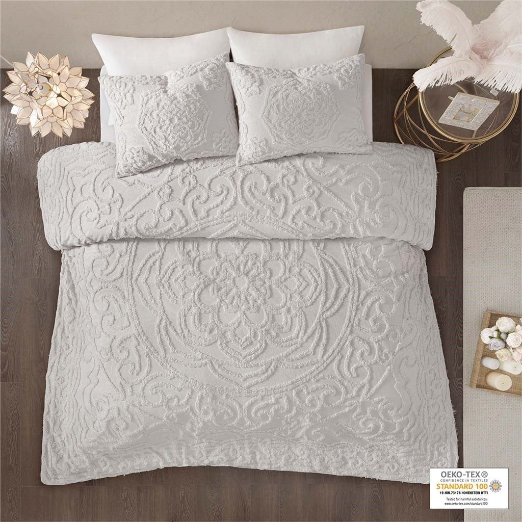 King/Cal King Tufted Cotton Chenille Medallion Duvet Cover Set with two shams in soft gray on Tampa Home & Garden Store