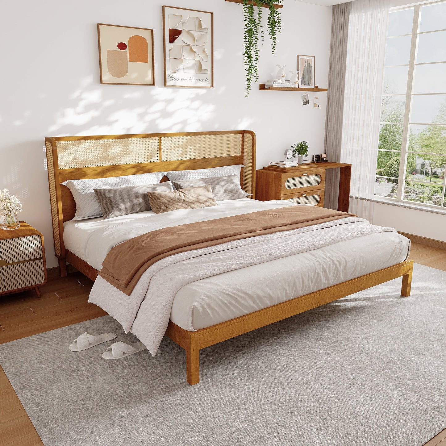 Mid Century Rubber Wood Platform Bed Frame