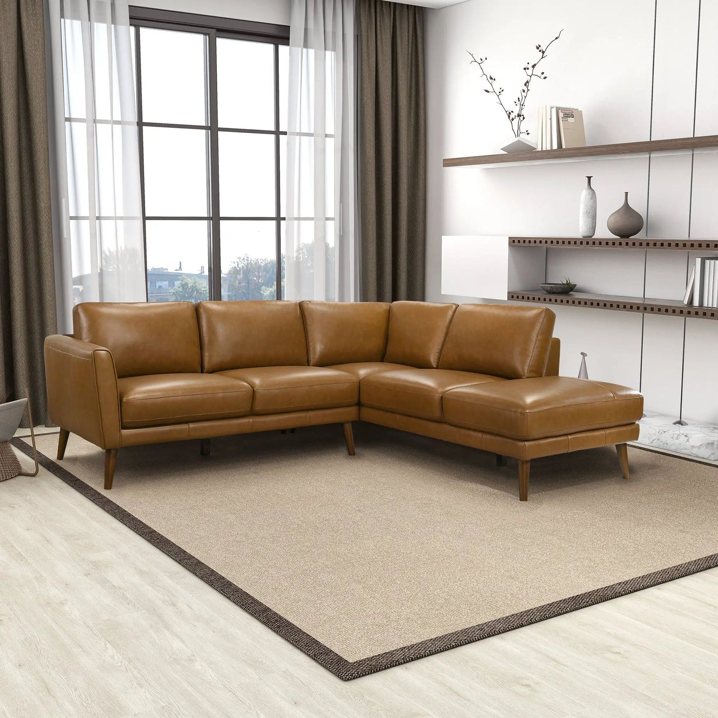 Benson sectional sofa with chaise in tan leather, mid-century legs, Unique Piece Furniture on Tampa Home & Garden Store