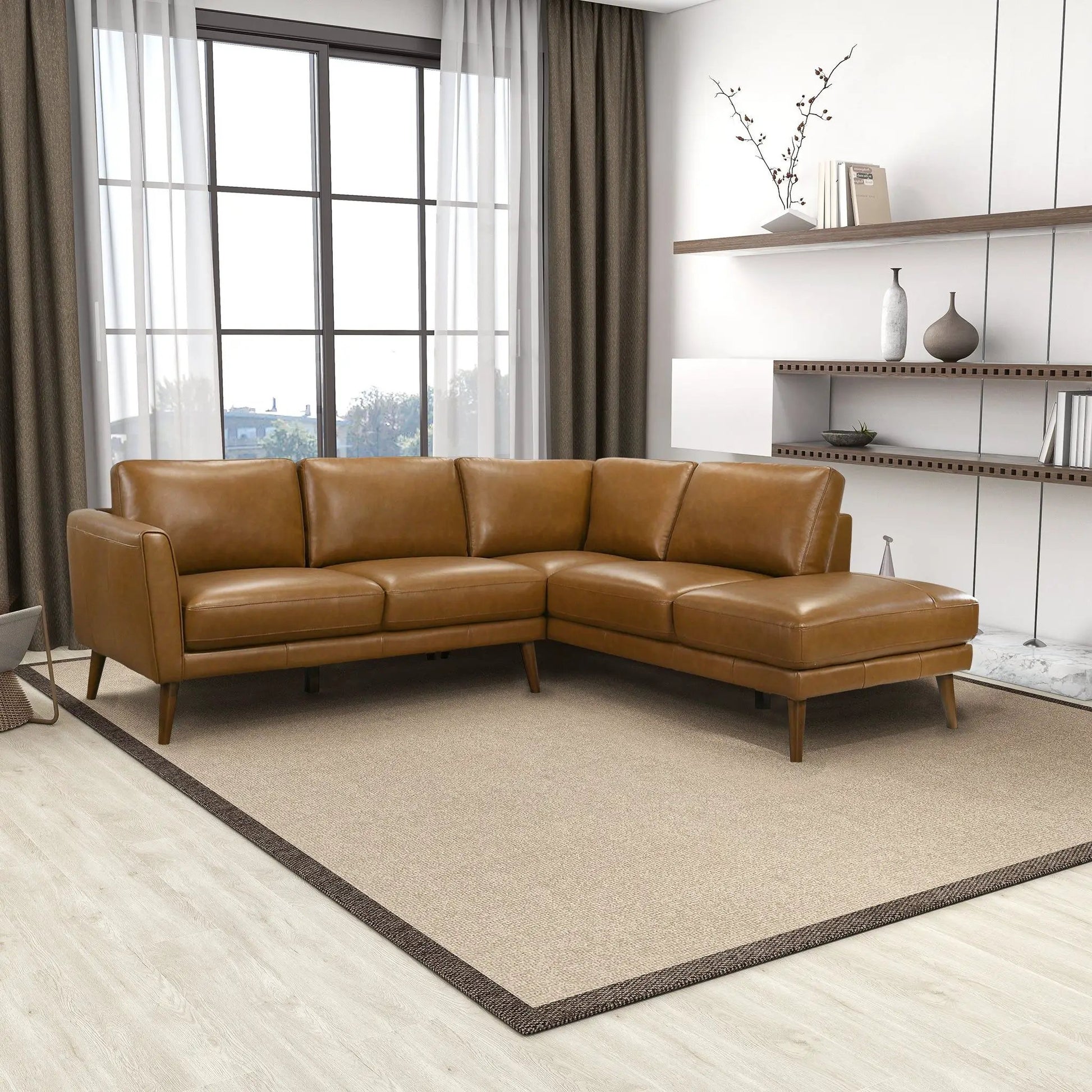 Benson sectional sofa with chaise in tan leather, mid-century legs, Unique Piece Furniture on Tampa Home & Garden Store
