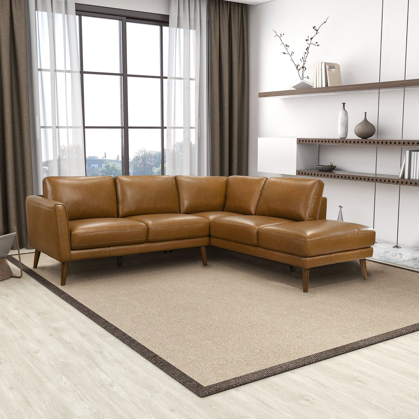 Benson sectional sofa with chaise in tan leather and wooden legs on Tampa Home & Garden Store